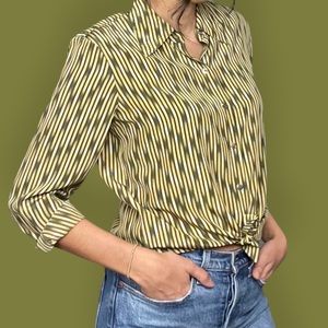 Vintage Liz Claiborne Retro Olive Green Striped 100% Silk Blouse Size 4